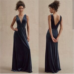 Jenny Yoo Blue and Cream Backless Gown